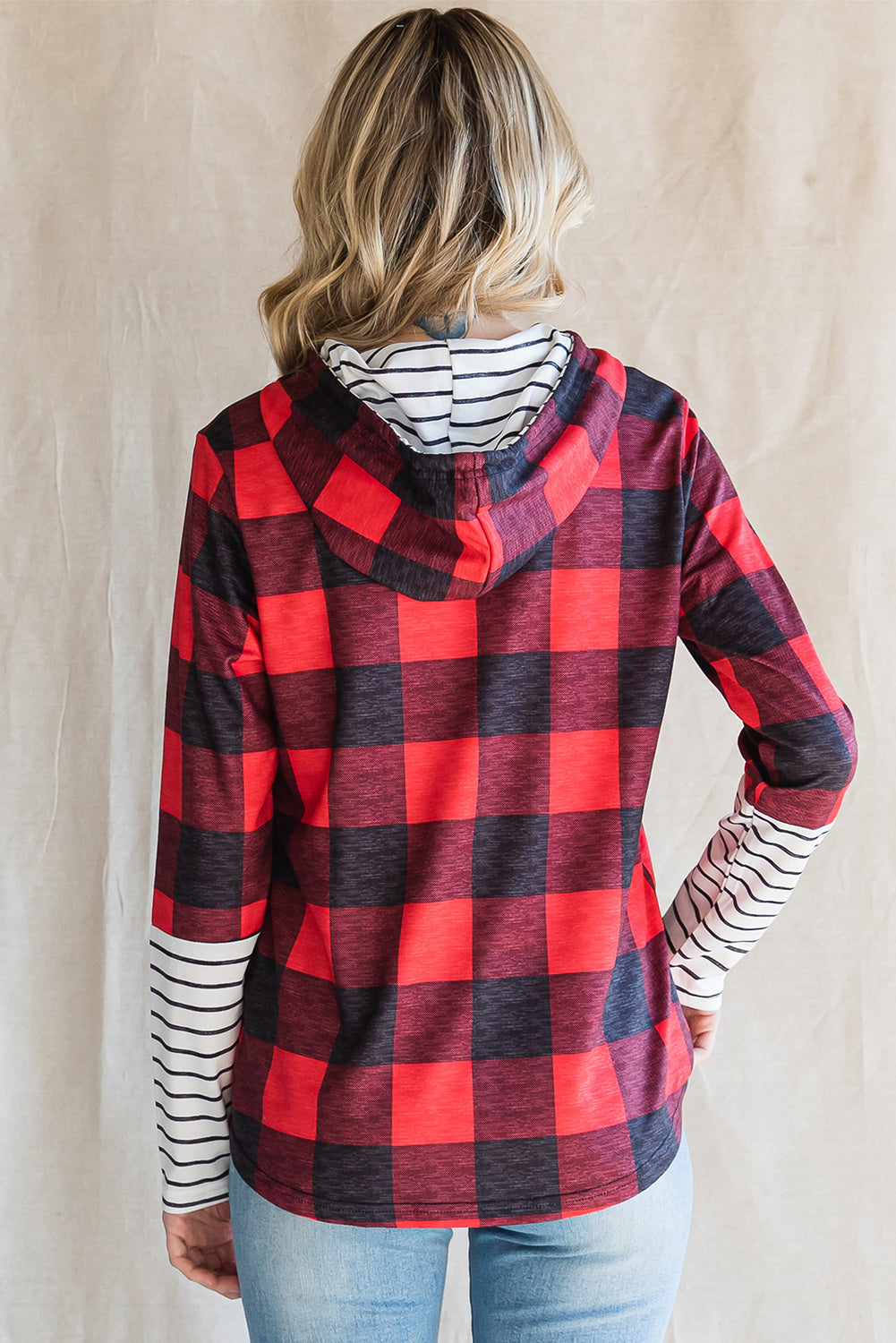 Christmas Plaid Striped Patchwork Drawstring Hoodie