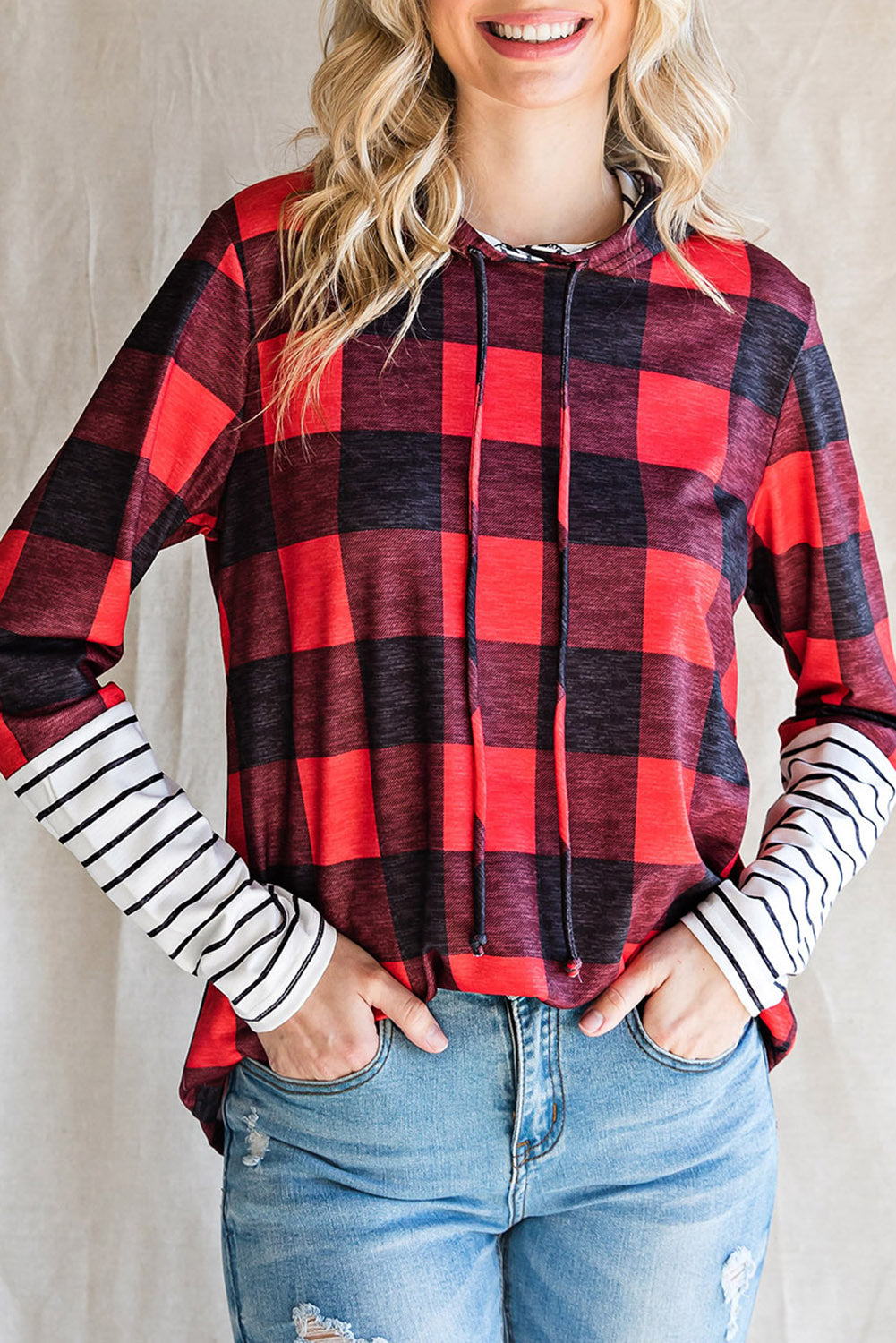 Christmas Plaid Striped Patchwork Drawstring Hoodie