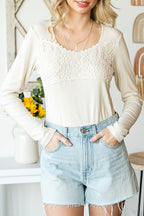 Beige Lace Crochet V Neck Long Sleeve Top