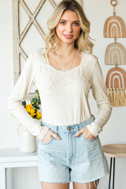 Beige Lace Crochet V Neck Long Sleeve Top