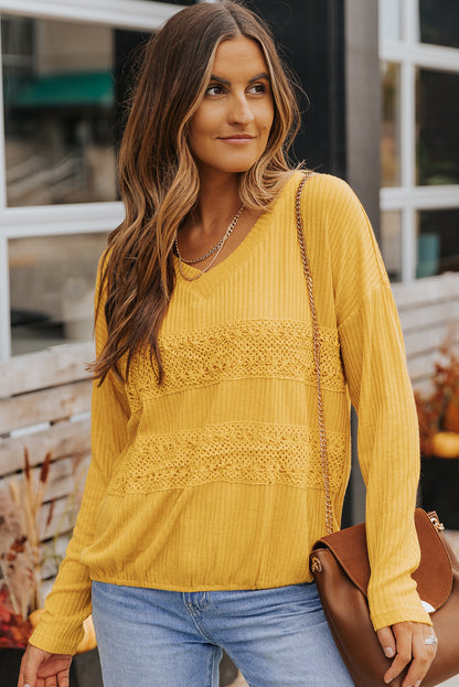 Lace Contrast Ribbed V Neck Top