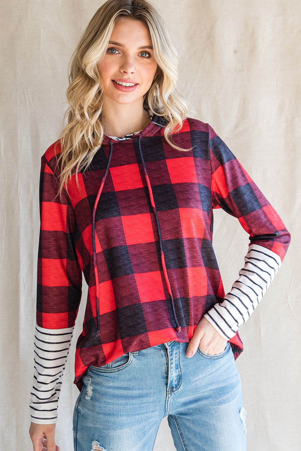 Christmas Plaid Striped Patchwork Drawstring Hoodie