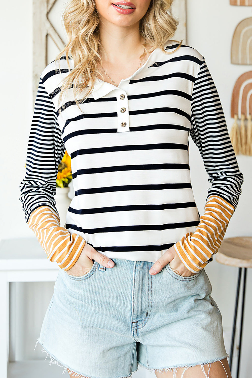 Long Sleeve Stripe Button Henley Top