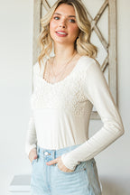 Beige Lace Crochet V Neck Long Sleeve Top