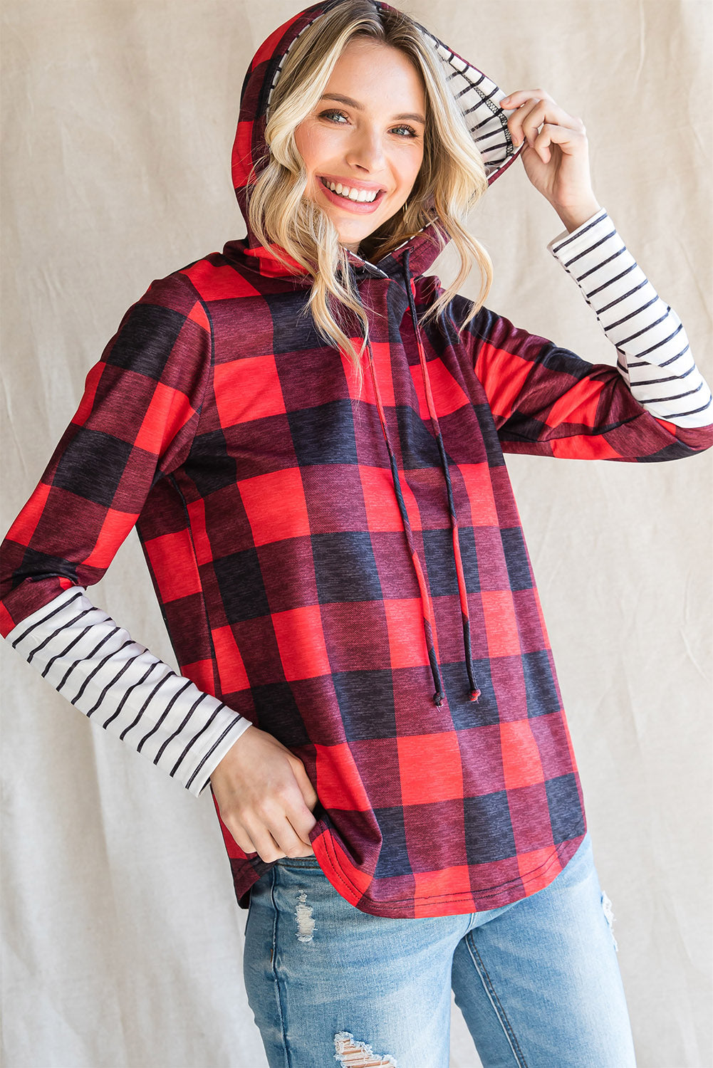 Christmas Plaid Striped Patchwork Drawstring Hoodie