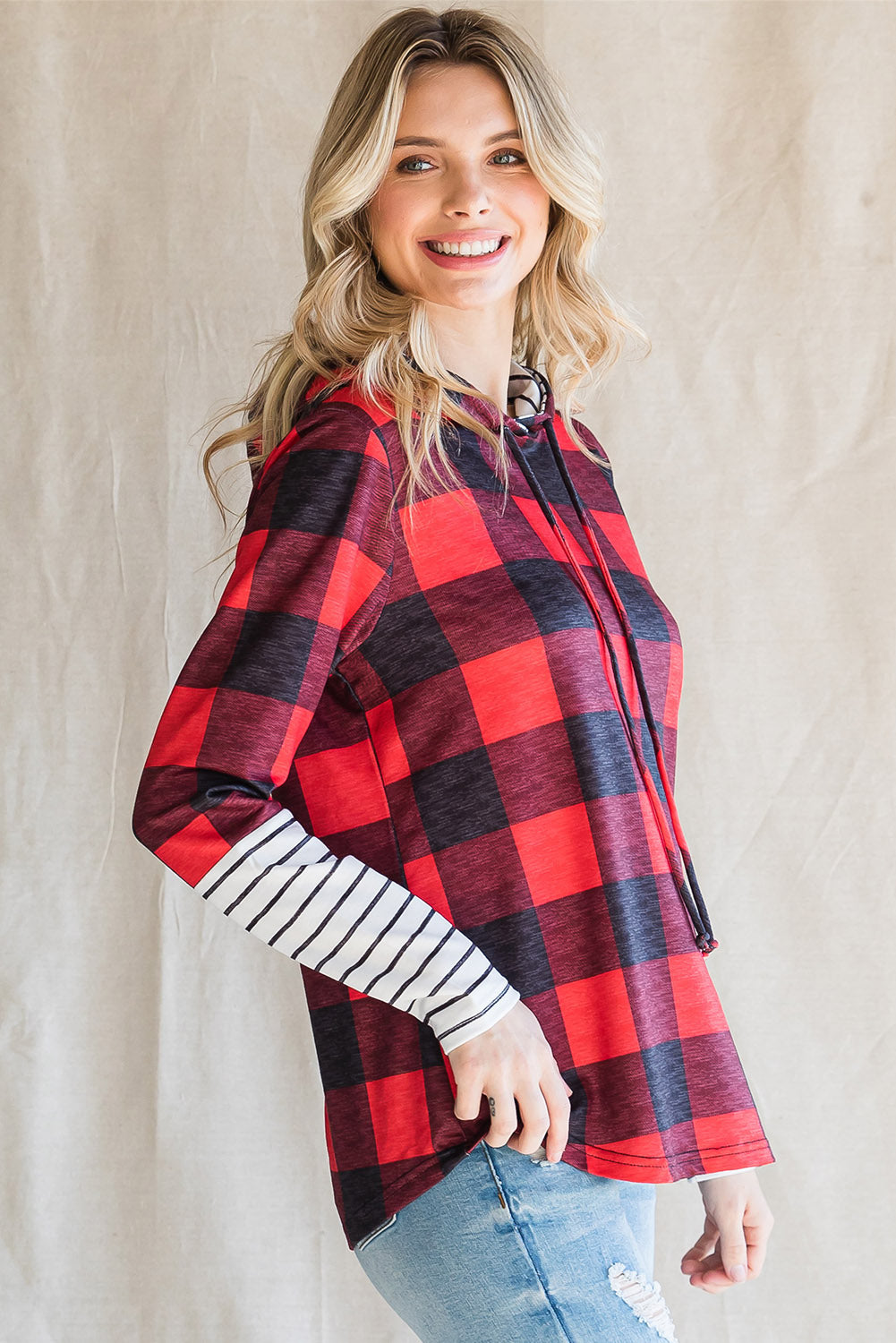 Christmas Plaid Striped Patchwork Drawstring Hoodie