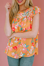 Floral Print Ruffle Cap Sleeve Keyhole Back Blouse