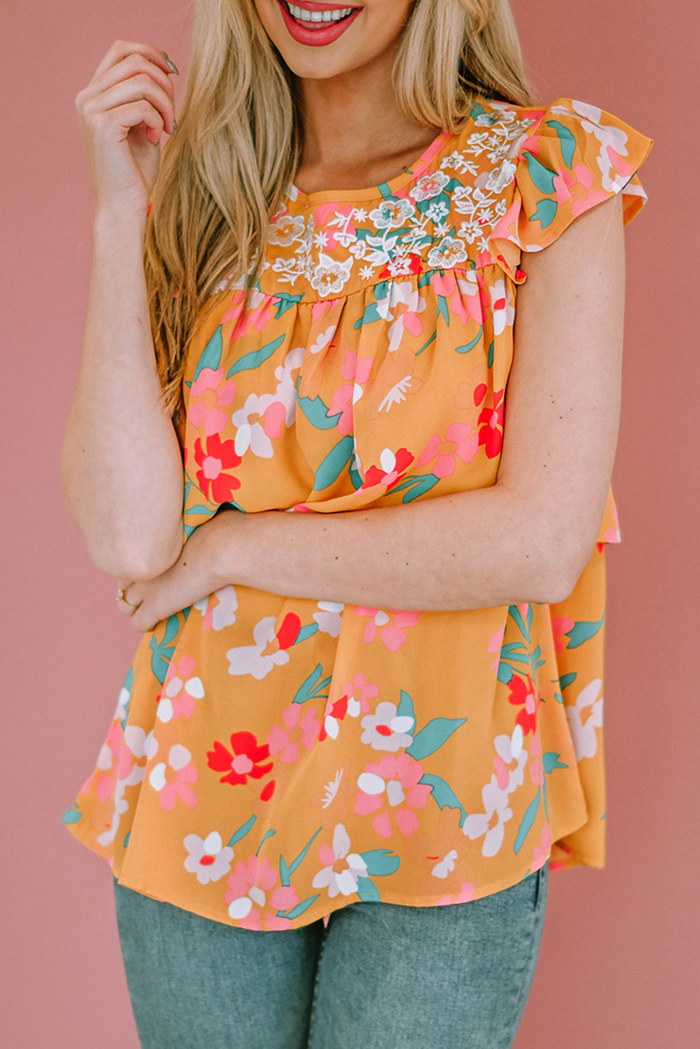 Floral Print Ruffle Cap Sleeve Keyhole Back Blouse