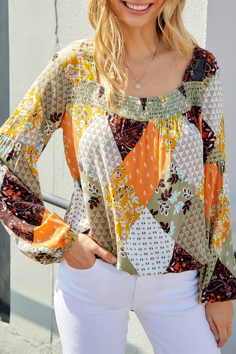 Square Neck Mixed Print Blouse
