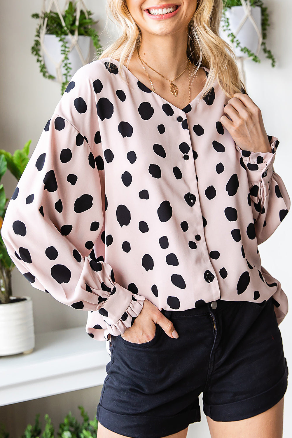 Button Frill Cuffs Oversize Puff Sleeve Blouse