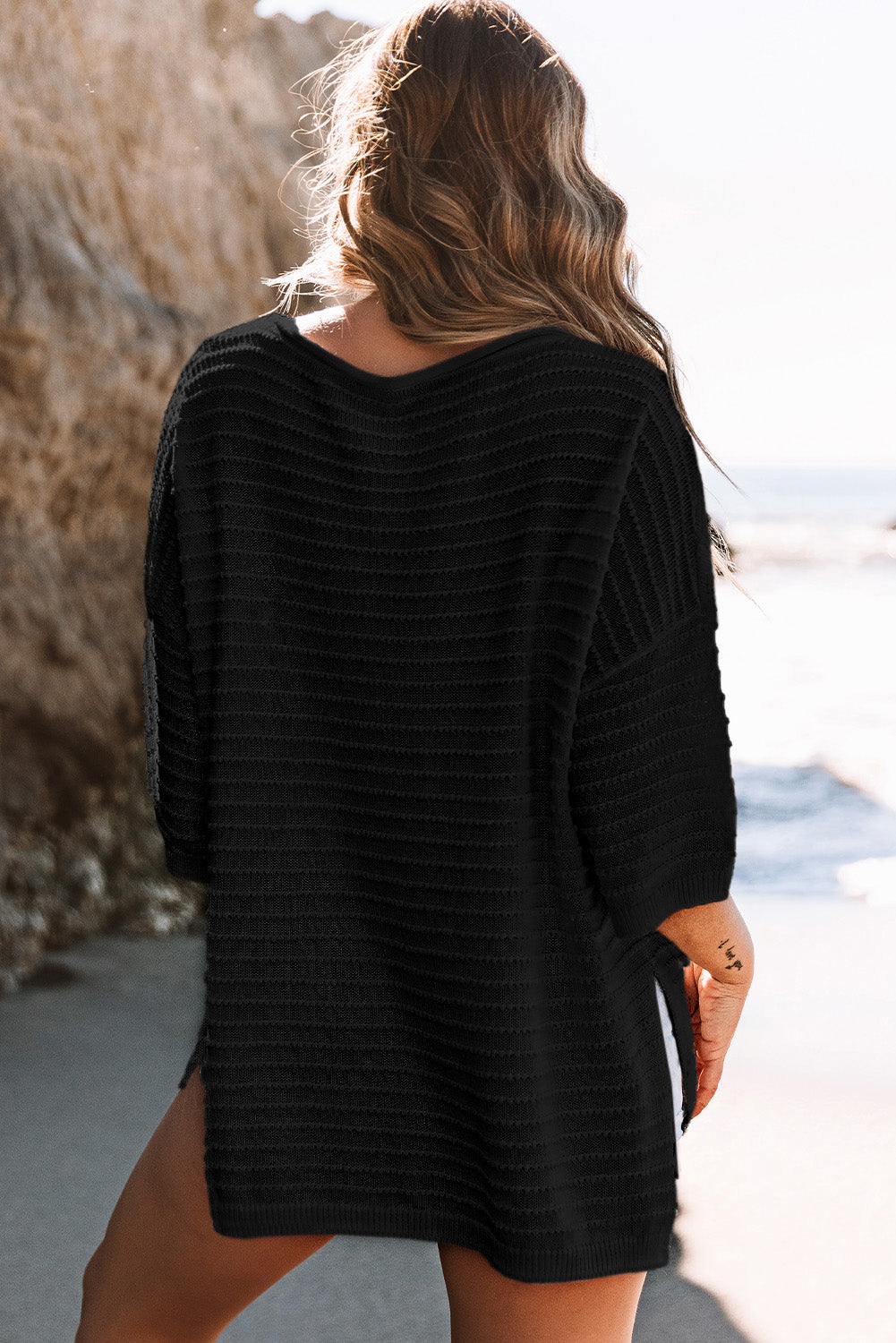 Brown Textured Knit Drop Shoulder Tee