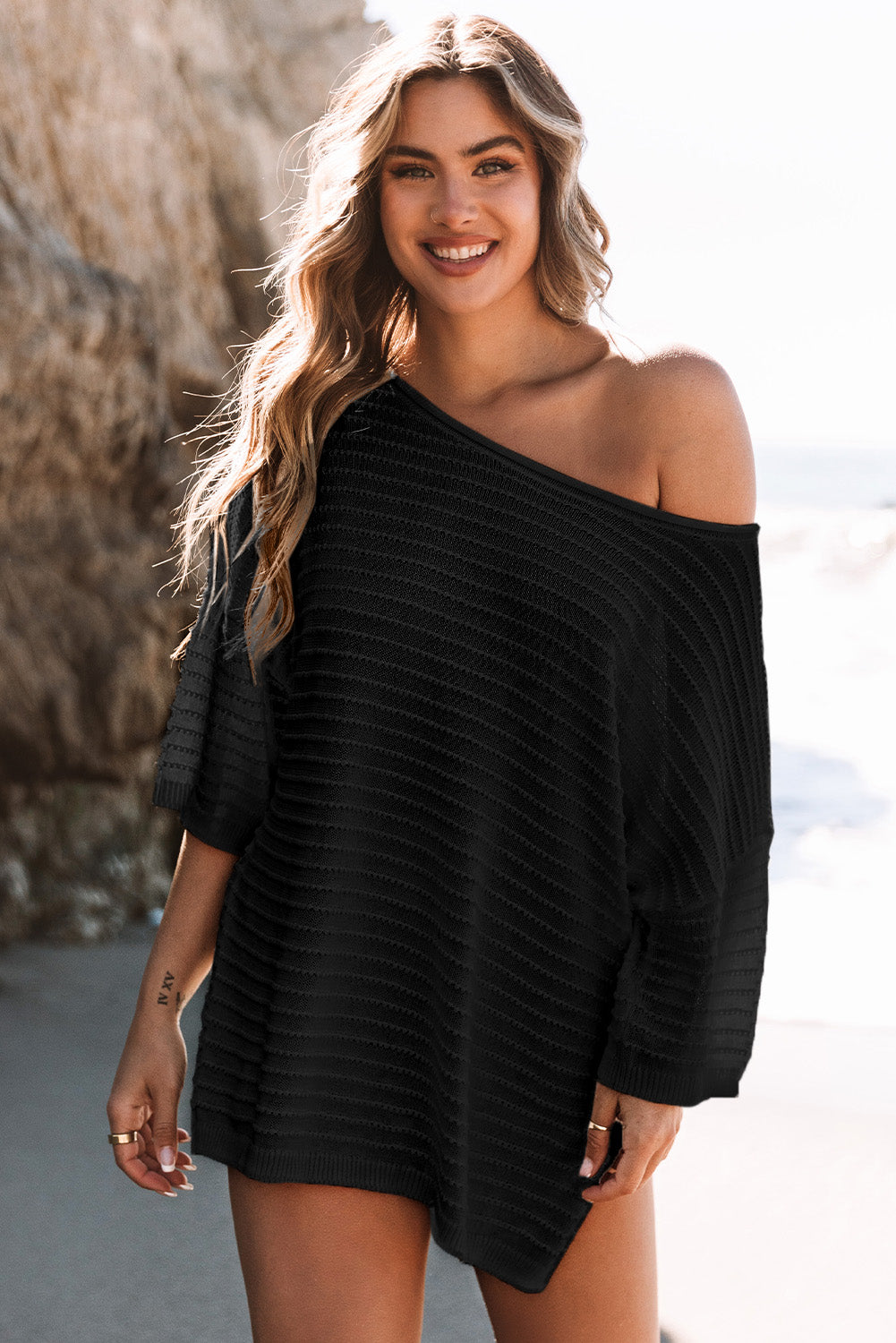 Brown Textured Knit Drop Shoulder Tee