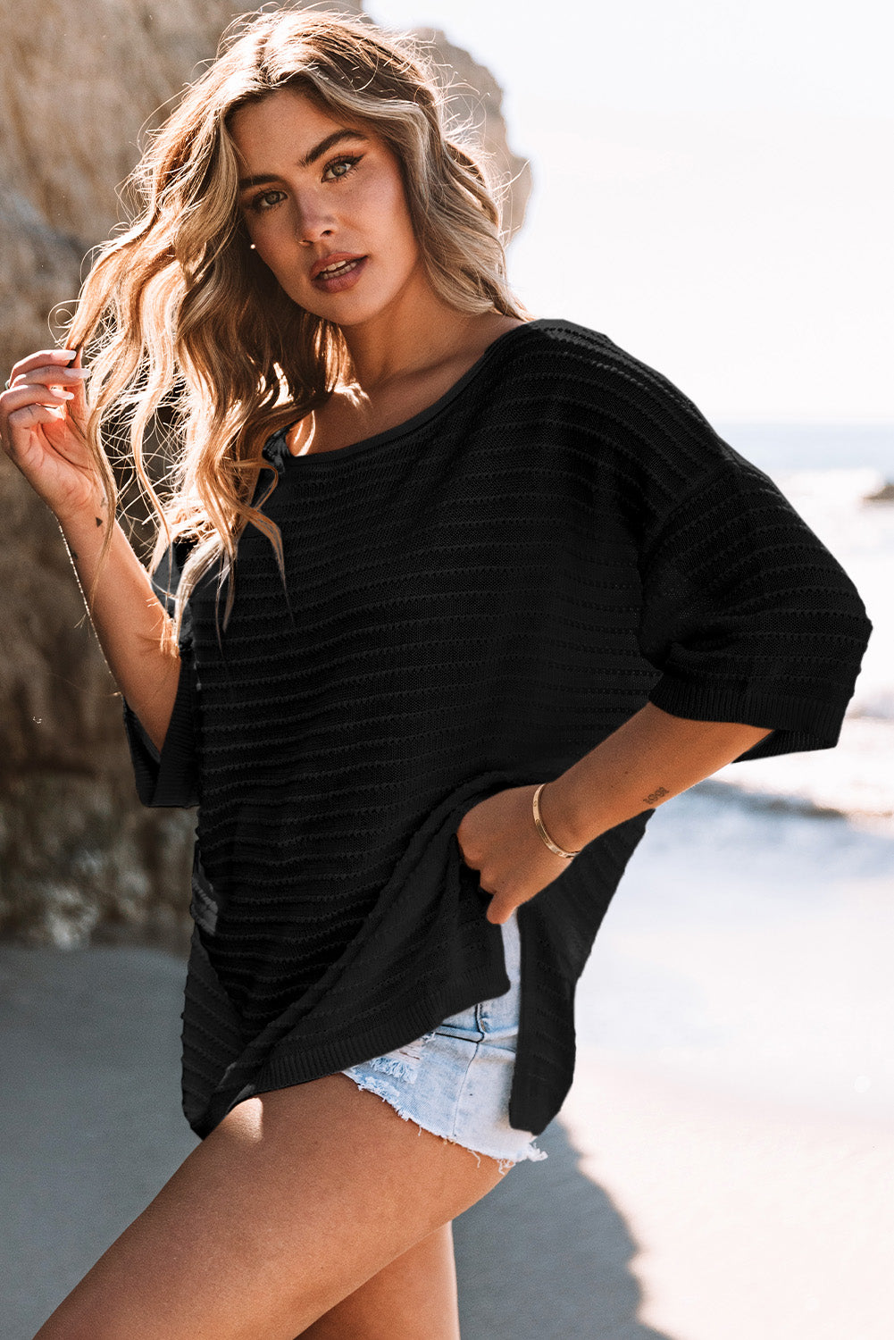 Brown Textured Knit Drop Shoulder Tee