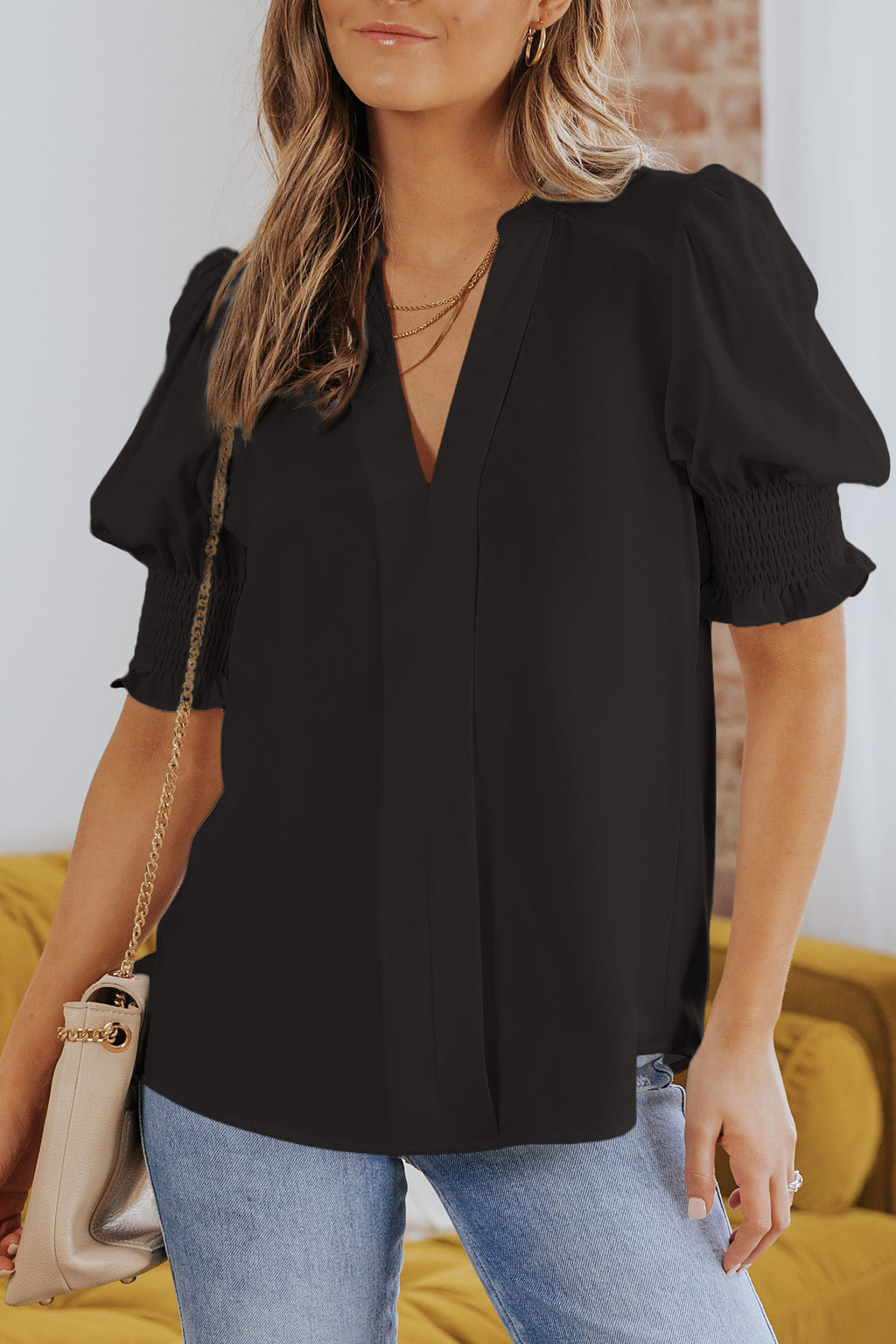 White Solid Color Half Sleeve V Neck Blouse