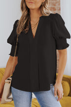 White Solid Color Half Sleeve V Neck Blouse