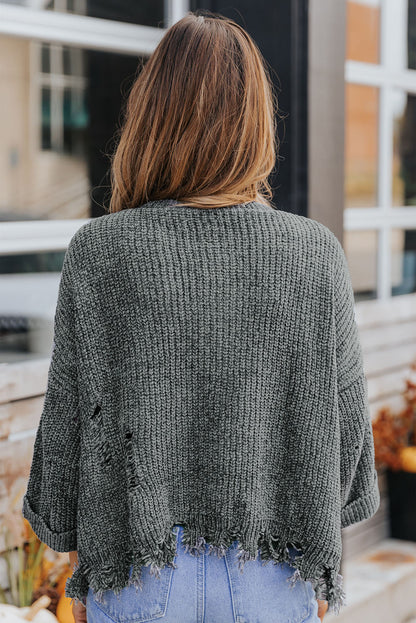 Gray Ripped Raw Hem Chunky Pullover Sweater