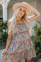 Khaki Flower Print Tiered Frilled Knotted Spaghetti Strap Mini Dress