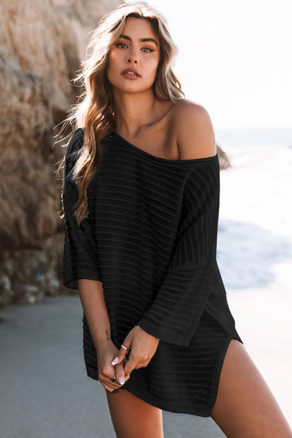 Brown Textured Knit Drop Shoulder Tee
