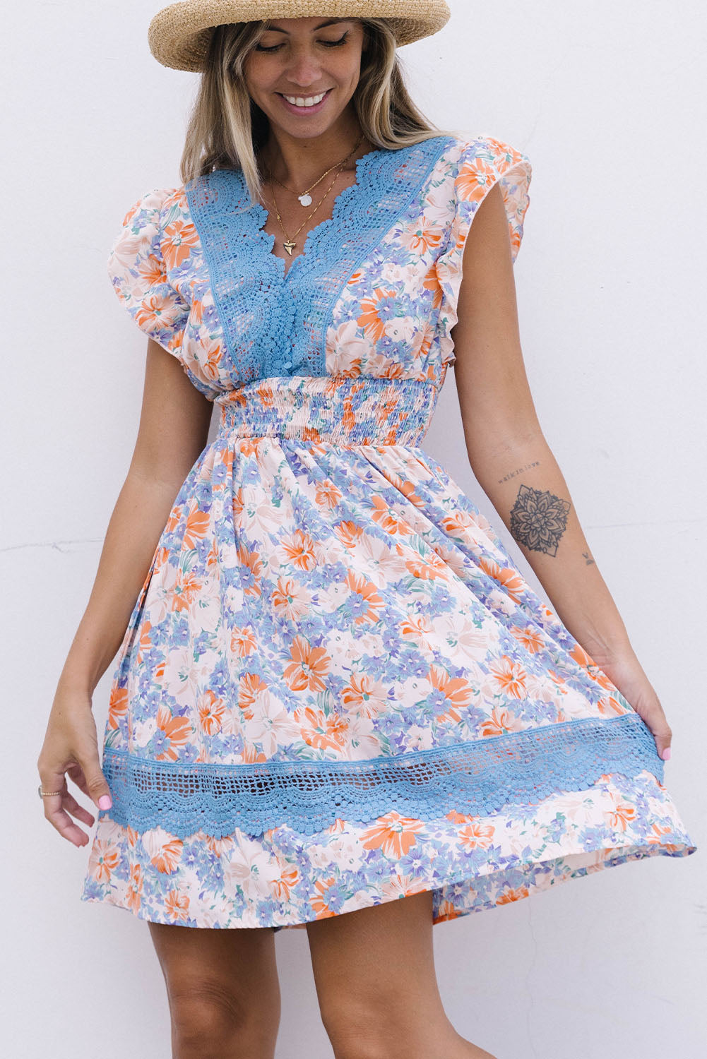 Multicolor Lace Splicing Ruffled Shirred High Waist Floral Mini Dress