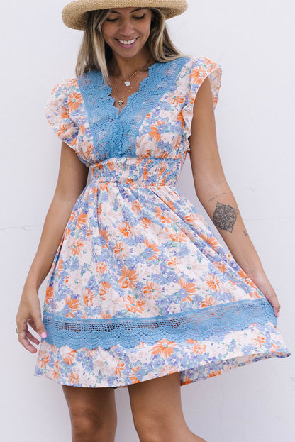 Multicolor Lace Splicing Ruffled Shirred High Waist Floral Mini Dress