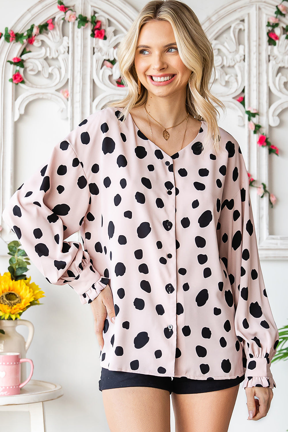 Button Frill Cuffs Oversize Puff Sleeve Blouse