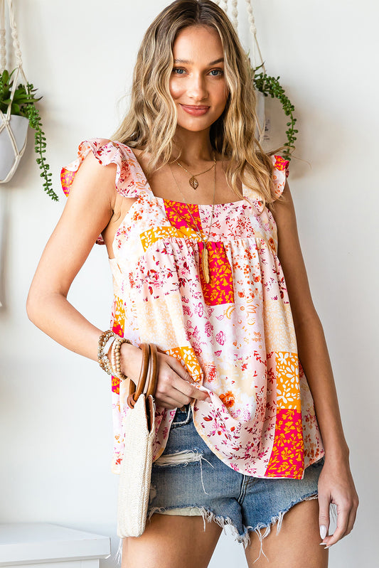 Multicolor Floral Patchwork Print Ruffle Trim Tank Top