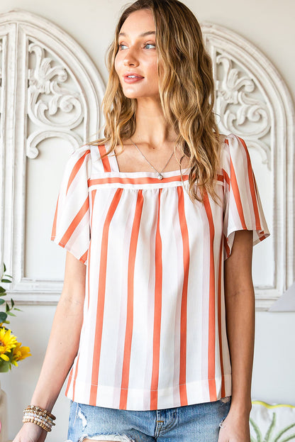 Striped Buttoned Back Square Neck Blouse