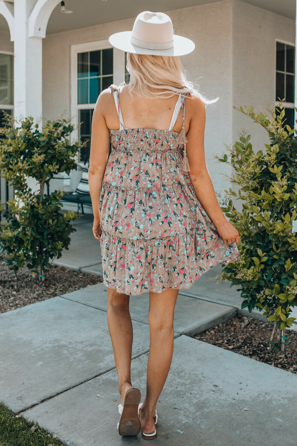 Khaki Flower Print Tiered Frilled Knotted Spaghetti Strap Mini Dress