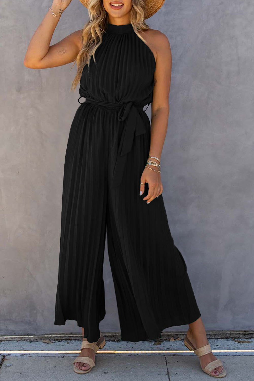 Halter Neck Pleated Wide Leg Jumpsuit with Belt