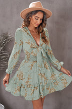 Lantern Sleeve Knotted Tiered Mini Dress