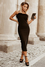 Rhinestone Straps Feather Trim Bodycon Midi Dress with Slit