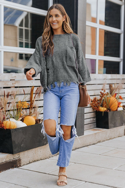Gray Ripped Raw Hem Chunky Pullover Sweater