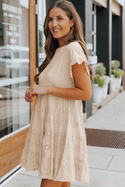 Khaki Eyelet Pattern Tiered Short Dress