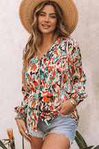 Multicolor V Neck Abstract Print Long Sleeve Shirt