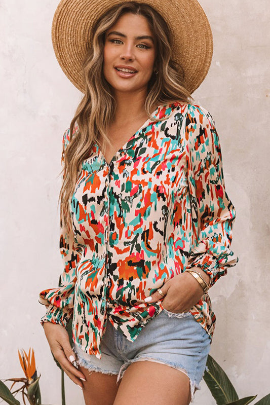 Multicolor V Neck Abstract Print Long Sleeve Shirt