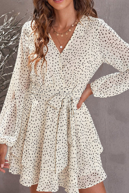 Beige V Neck Baggy Sleeve Waist Tie Double Layer Ruffle Hem Dotted Print Short Dress