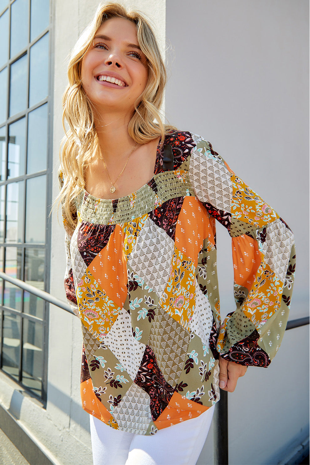 Square Neck Mixed Print Blouse