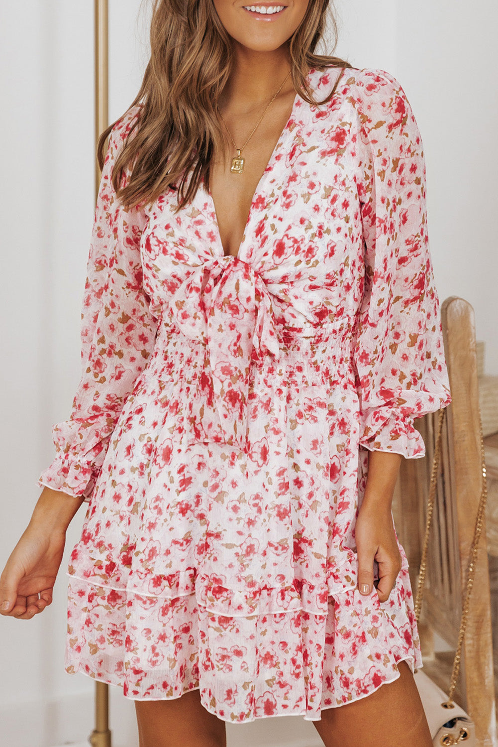 Lantern Sleeve Knotted Tiered Mini Dress