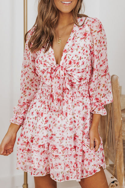 Lantern Sleeve Knotted Tiered Mini Dress