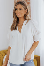 White Solid Color Half Sleeve V Neck Blouse