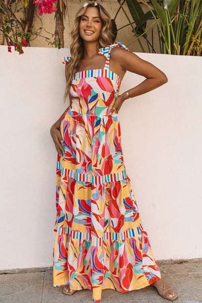 Multicolor Abstract Print Striped Trim Maxi Sundress