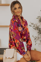 Graffiti Printed V Neck Puff Sleeve Blouse