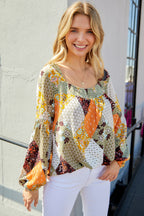Square Neck Mixed Print Blouse