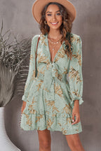Lantern Sleeve Knotted Tiered Mini Dress