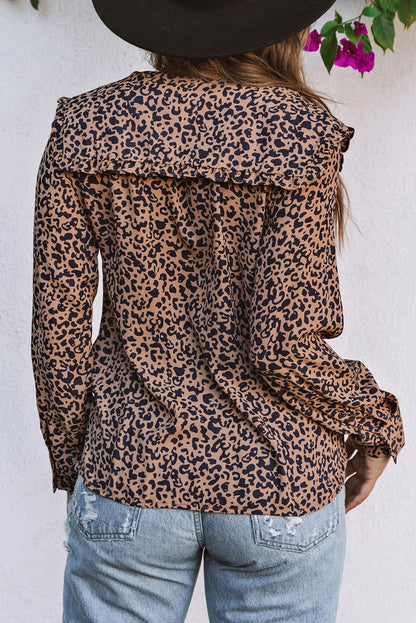 Print Buttoned Frilled V Neck Top