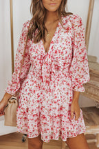 Lantern Sleeve Knotted Tiered Mini Dress