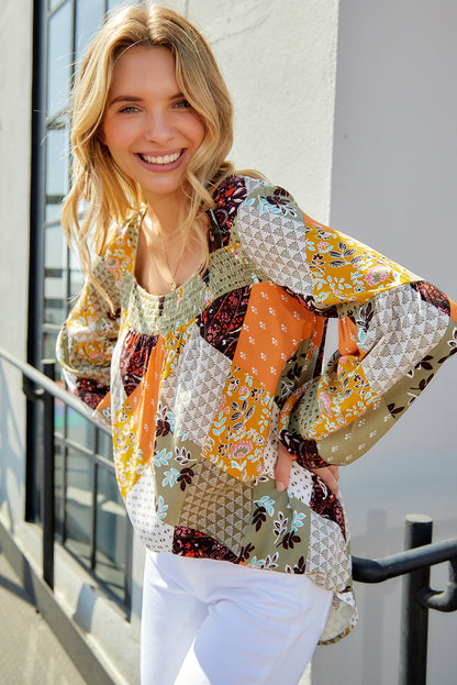 Square Neck Mixed Print Blouse