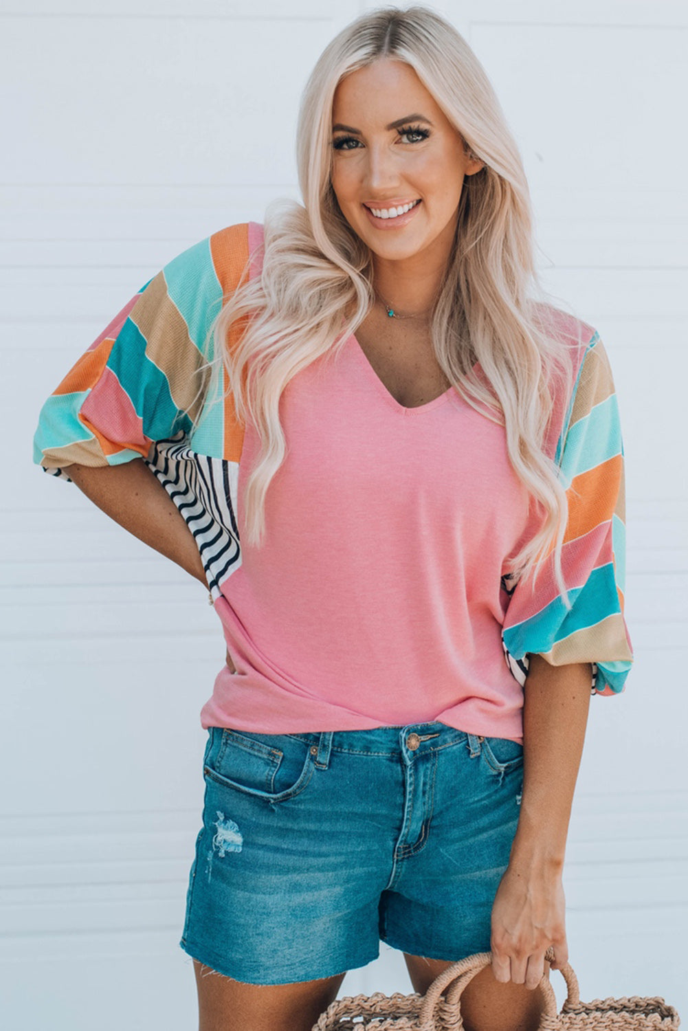 Pink Stripe Color Block Bubble Sleeve Top