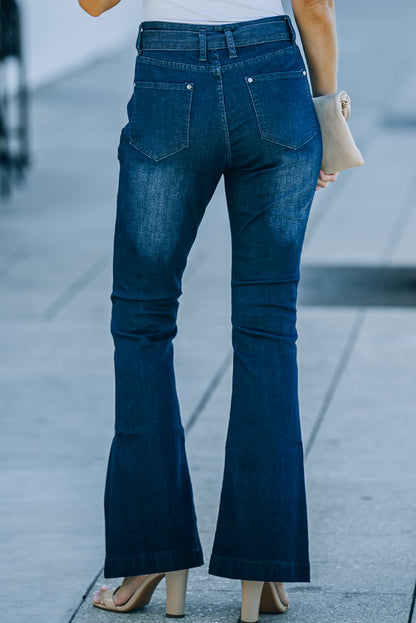 High Waist Bell Bottom Jeans with Attached Belt