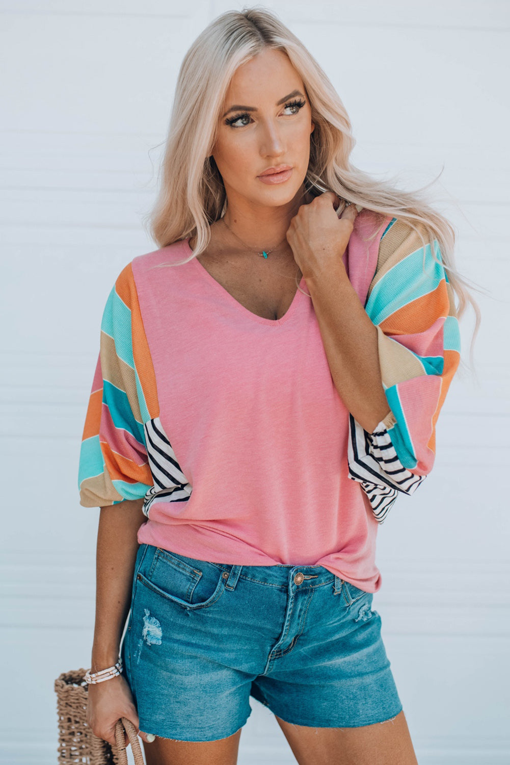 Pink Stripe Color Block Bubble Sleeve Top